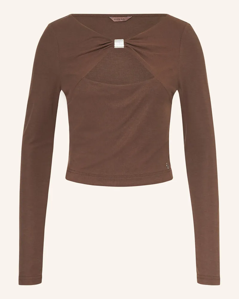 Guess Longsleeve mit Cut-out und Schmucksteinen Dunkelbraun