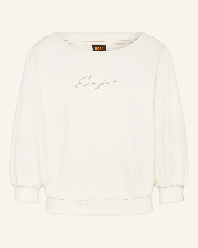 HUGO BOSS Sweatshirt EMAY mit 3/4-Arm und Schmucksteinen Weiss