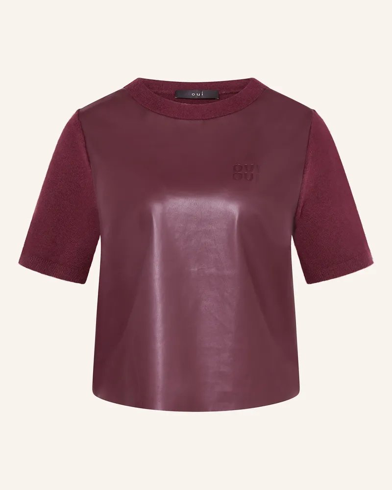 Oui  Strickshirt im Materialmix mit Lederoptik Dunkelrot