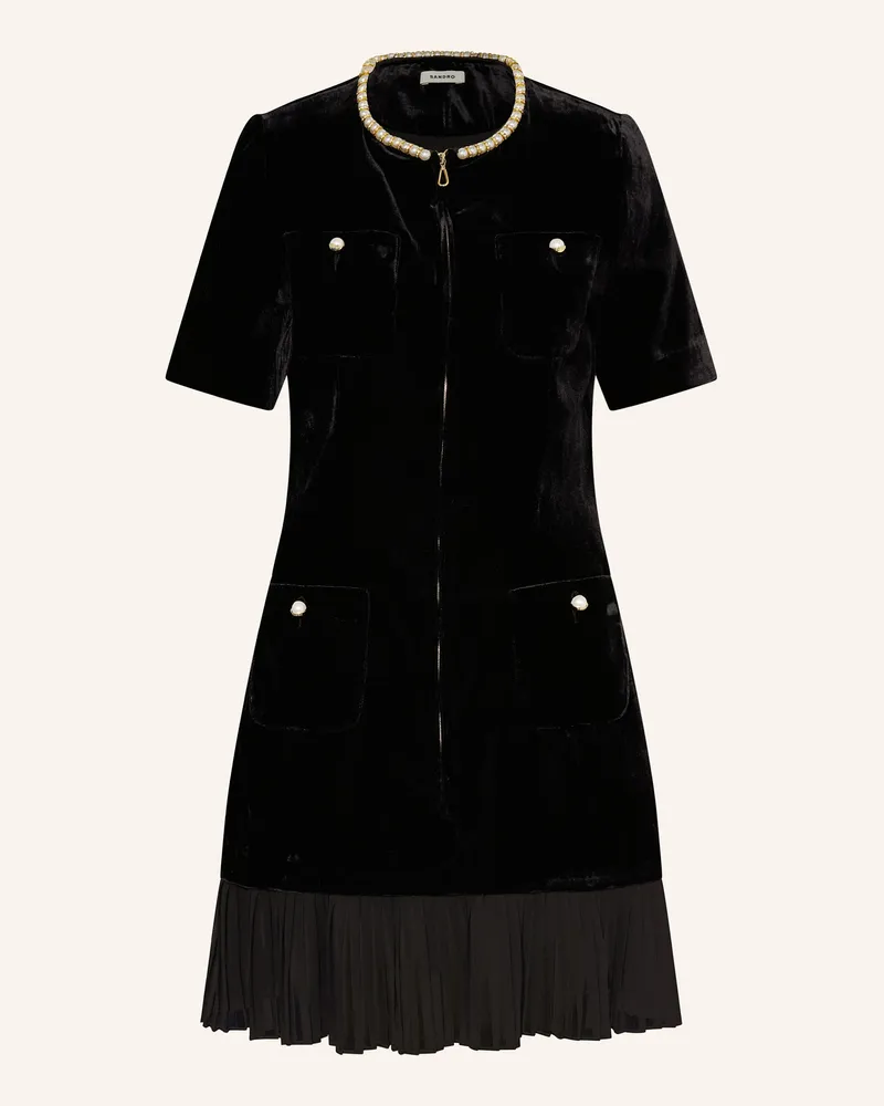 Sandro Samtkleid mit Plissees und Schmucksteinen Schwarz