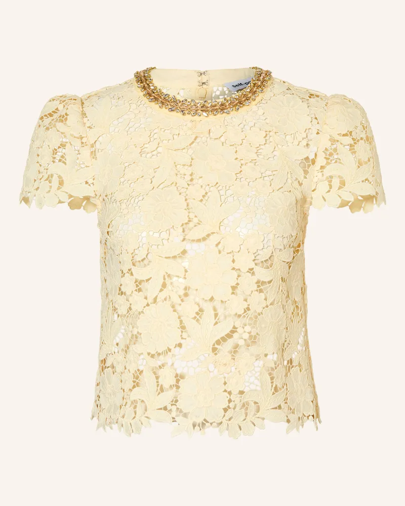 Self-Portrait Blusenshirt aus Spitze mit Schmucksteinen Hellgelb