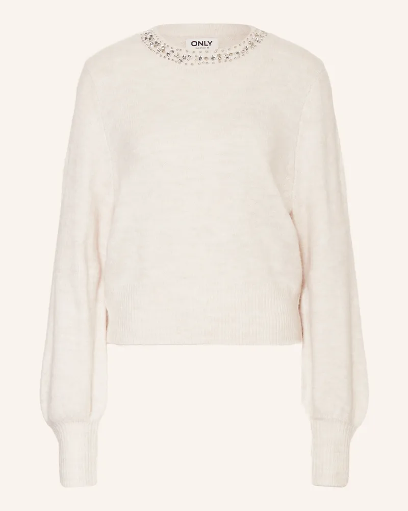 only Pullover mit Schmucksteinen und Schmuckperlen Creme