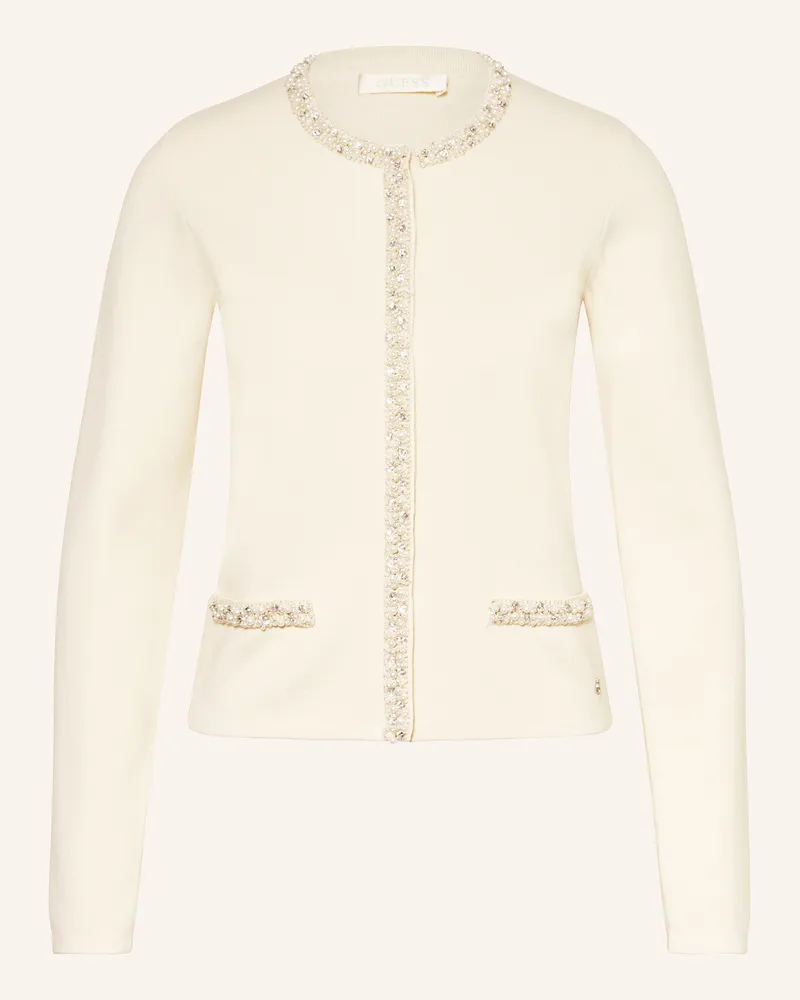 Guess Strickjacke Mit Schmucksteinen Und Schmuckperlen weiss Ecru