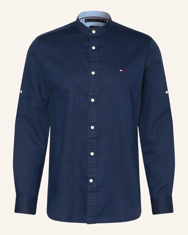 Tommy Hilfiger Hemd Slim Fit Mit Stehkragen Und Leinen blau Dunkelblau