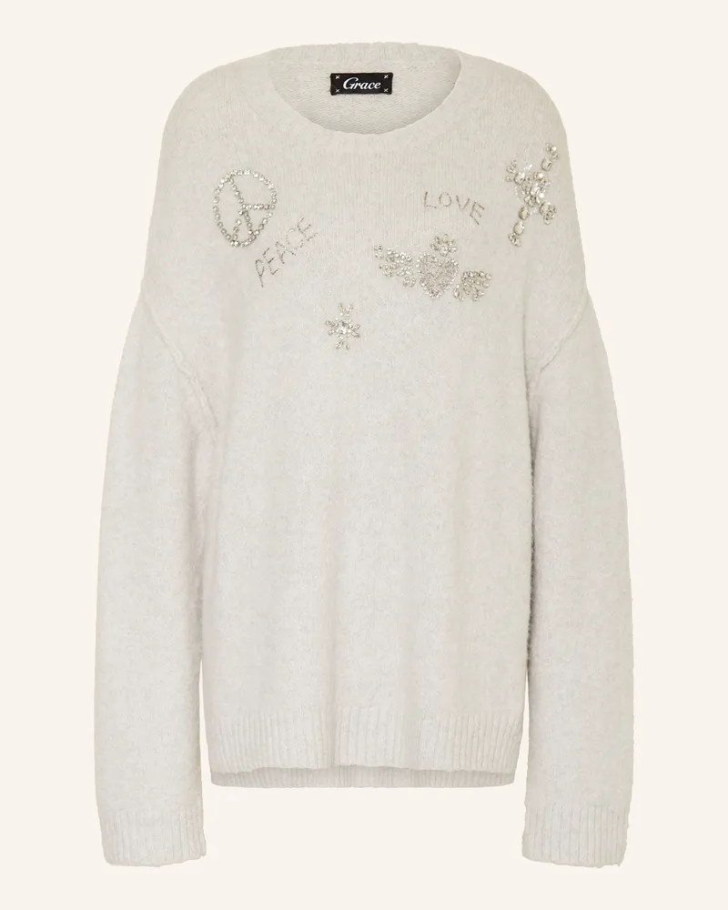 Grace Oversized-Pullover mit Alpaka und Schmucksteinen Hellgrau