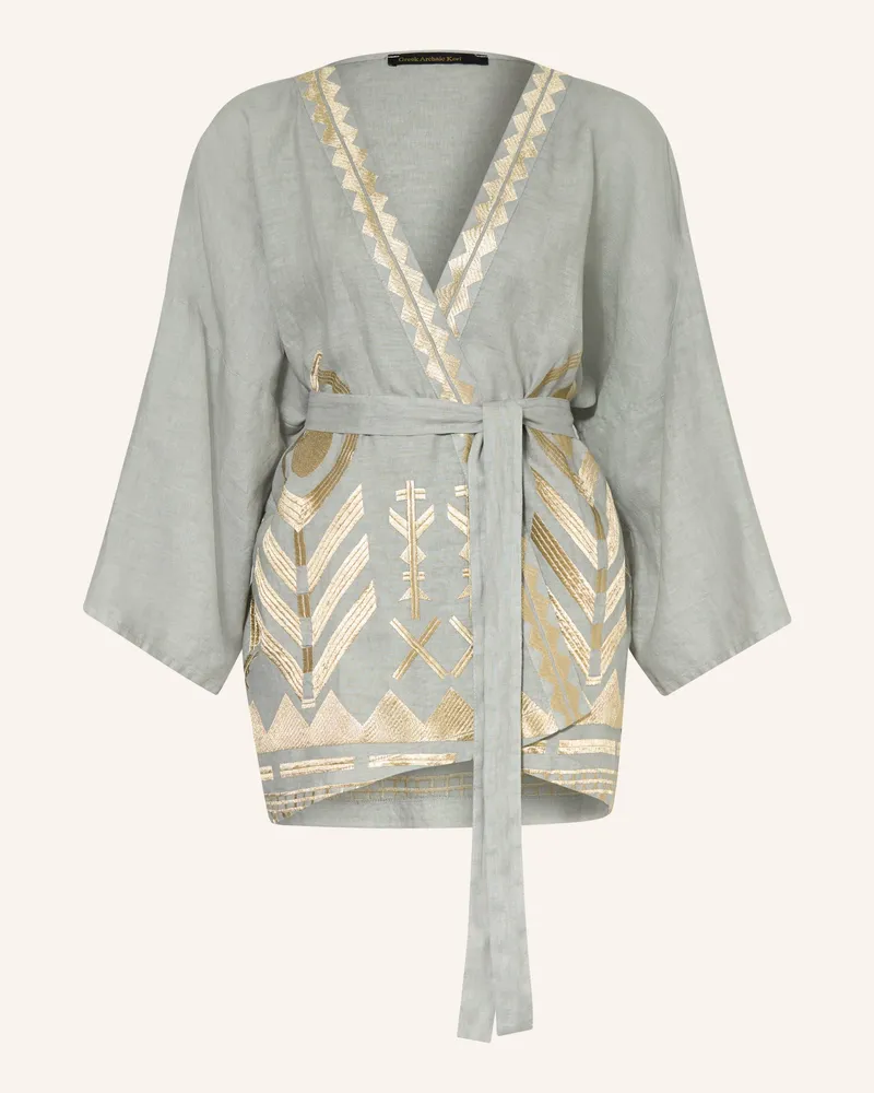 Greek Archaic Kori Damen-Kimono aus Leinen Hellgrau