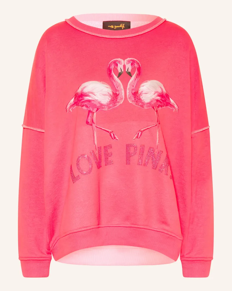 Miss Goodlife Oversized-Sweatshirt mit Schmucksteinen Neonpink