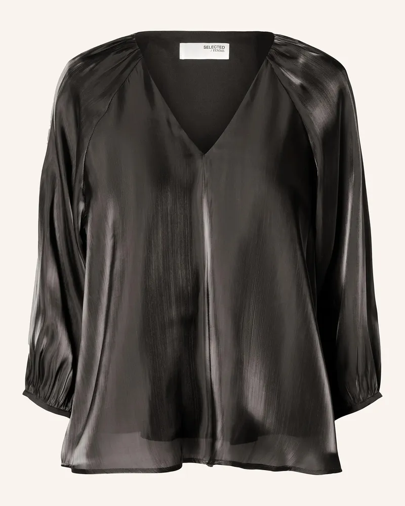 Selected Blusenshirt mit 3/4-Arm aus Satin Schwarz