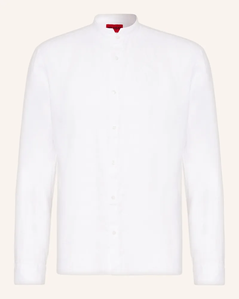 HUGO BOSS Leinenhemd ELVORY Slim Fit mit Stehkragen Weiss