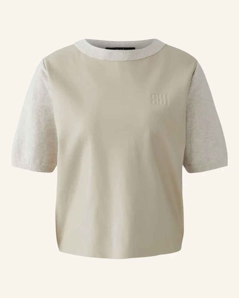 Oui  Strickshirt im Materialmix mit Lederoptik Beige