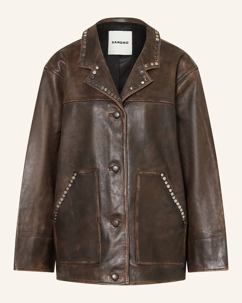 Sandro Lederjacke mit Nieten Dunkelbraun