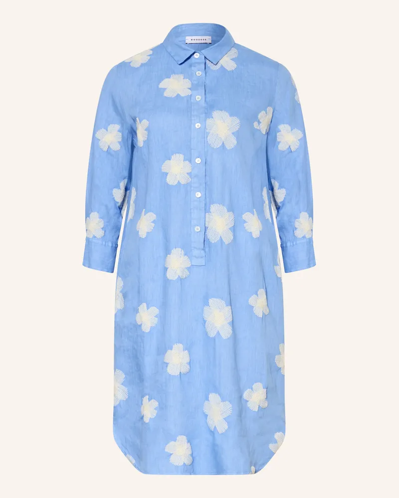 ROSSO35 Hemdblusenkleid Aus Leinen Mit 3/4-Arm blau Hellblau