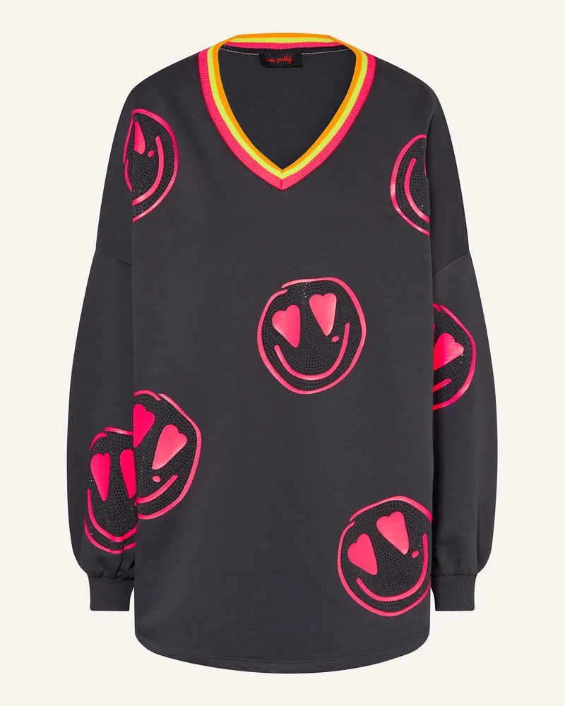 Miss Goodlife Sweatshirt HAPPY FACE mit Schmucksteinen Dunkelgrau