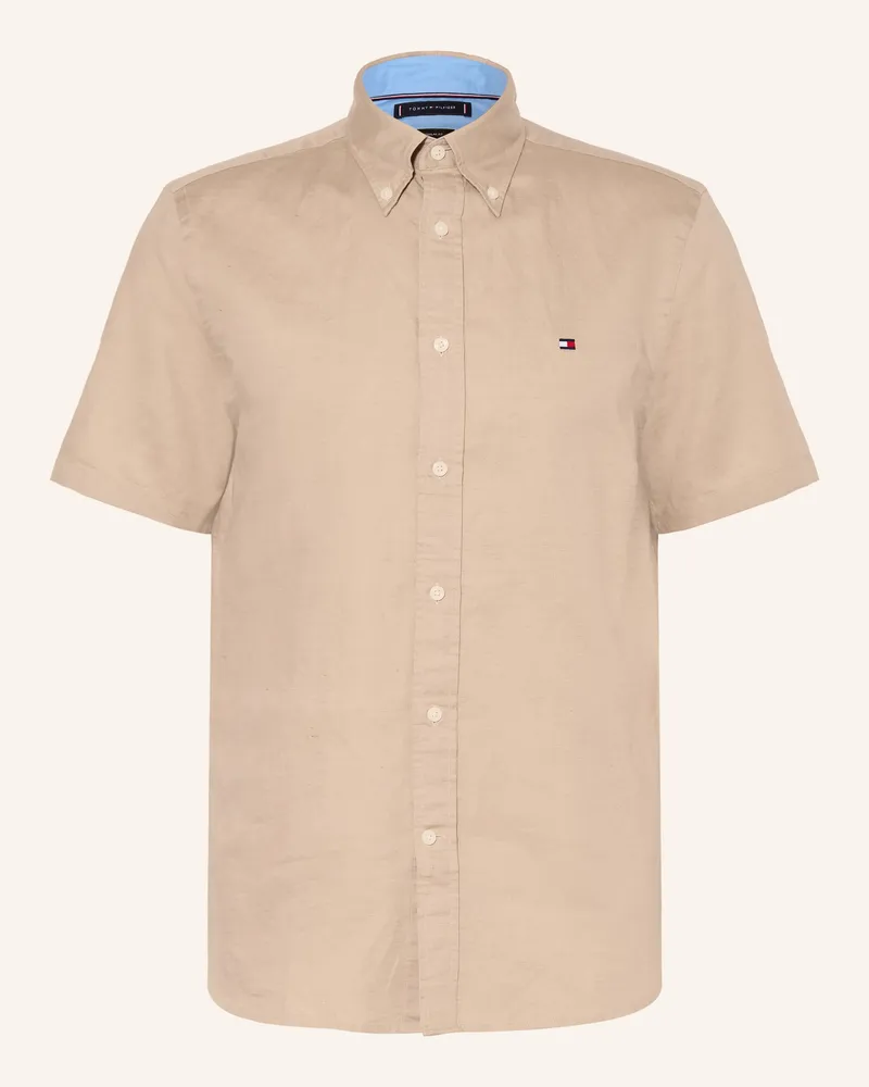 Tommy Hilfiger Kurzarm-Hemd Regular Fit Mit Leinen gelb Hellbraun