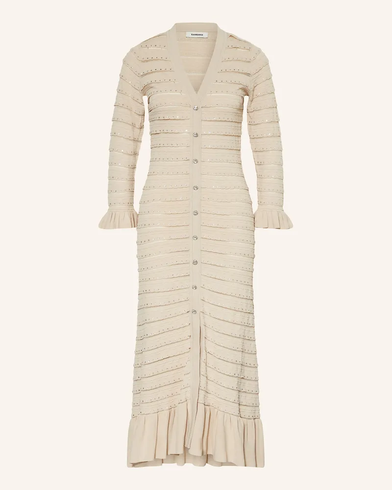 Sandro Strickkleid mit Schmucksteinen und Volants Beige