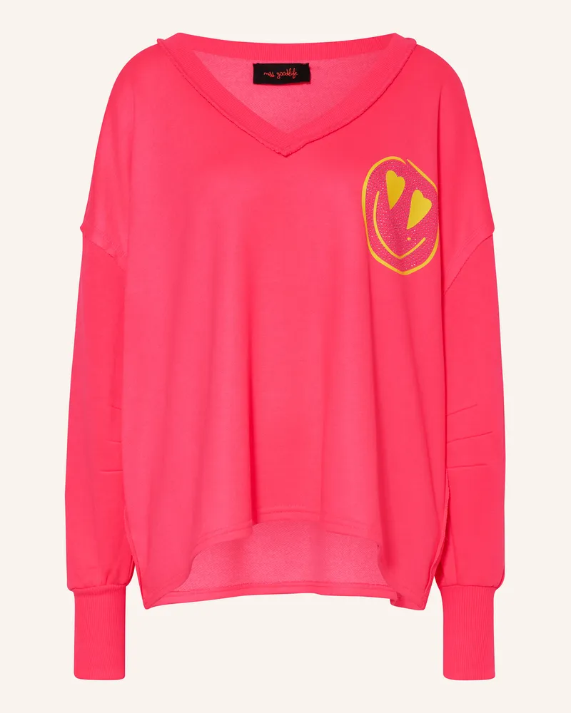 Miss Goodlife Sweatshirt mit Schmucksteinen Neonpink