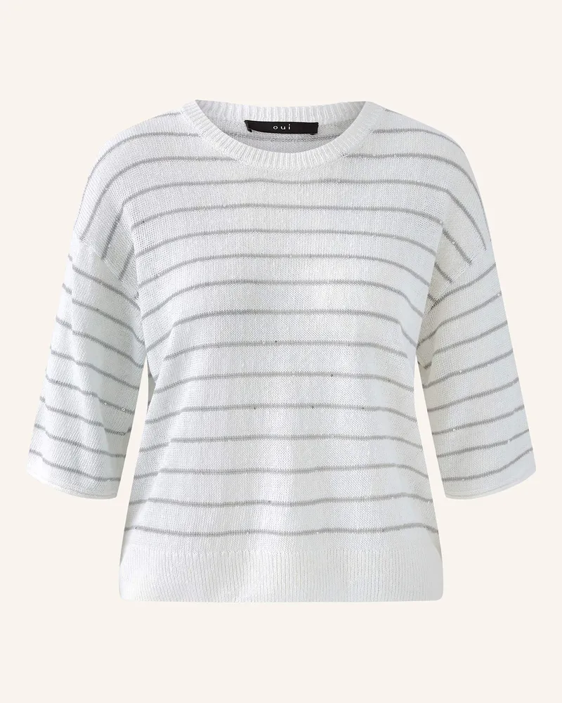 Oui  Strickshirt mit Pailletten und Leinen Weiss
