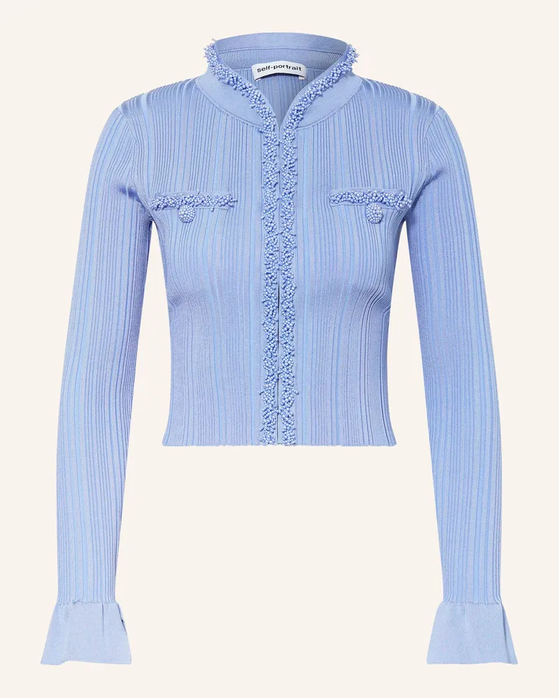 Self-Portrait Strickjacke mit Schmuckperlen Hellblau