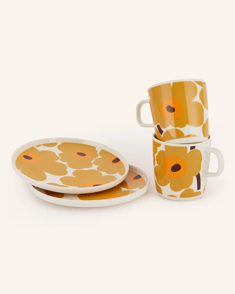 Marimekko 4-Tlg. Set Oiva/ Unikko: Henkelbecher Und Dessertteller orange Ecru