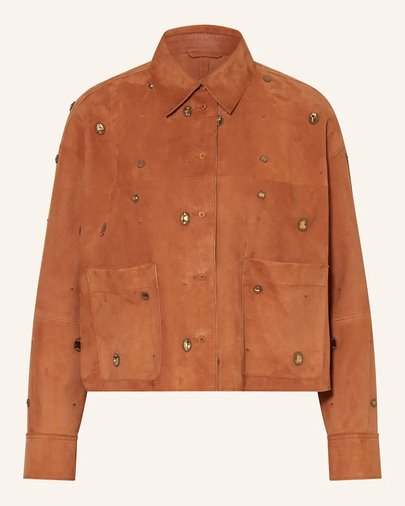 Luisa Cerano Lederjacke mit Schmucksteinen Cognac