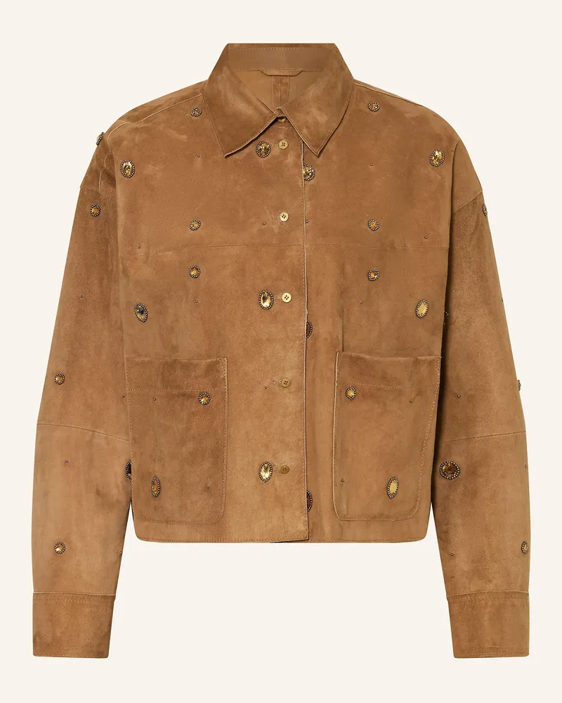 Luisa Cerano Lederjacke mit Schmucksteinen Khaki