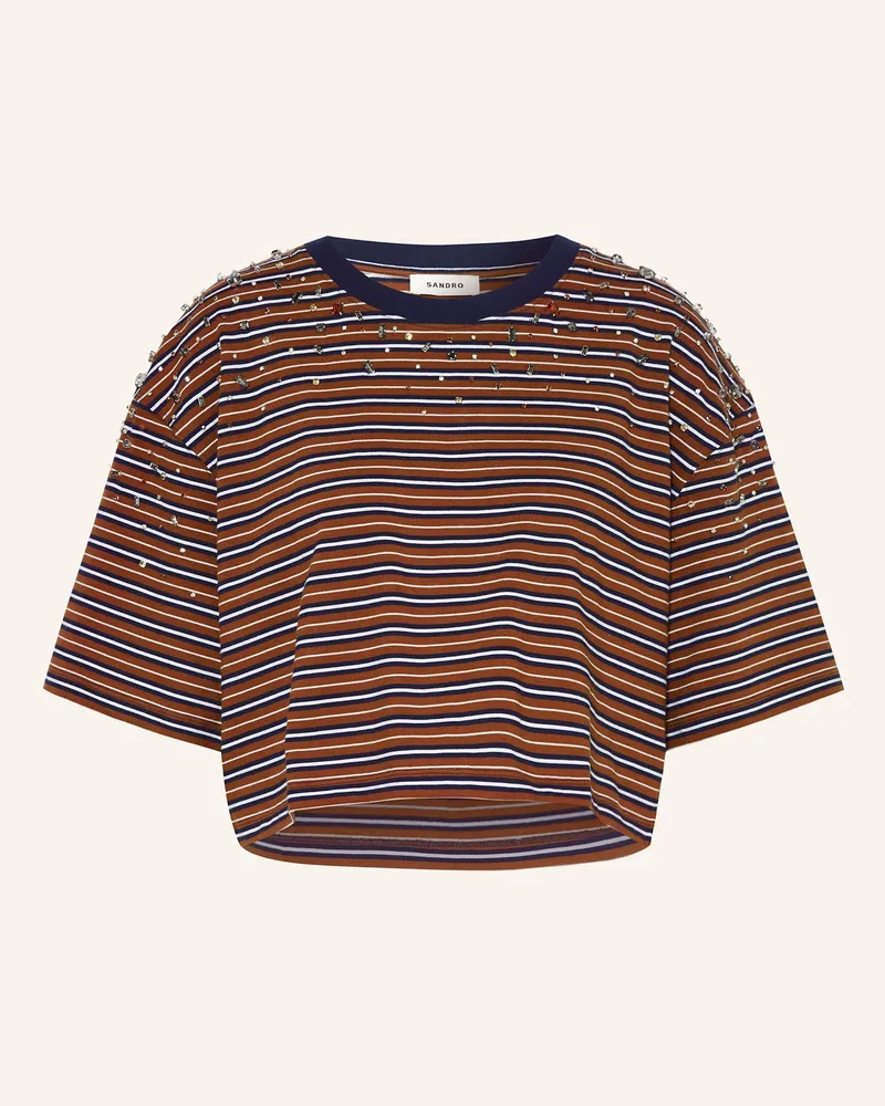 Sandro T-Shirt mit Schmucksteinen Cognac