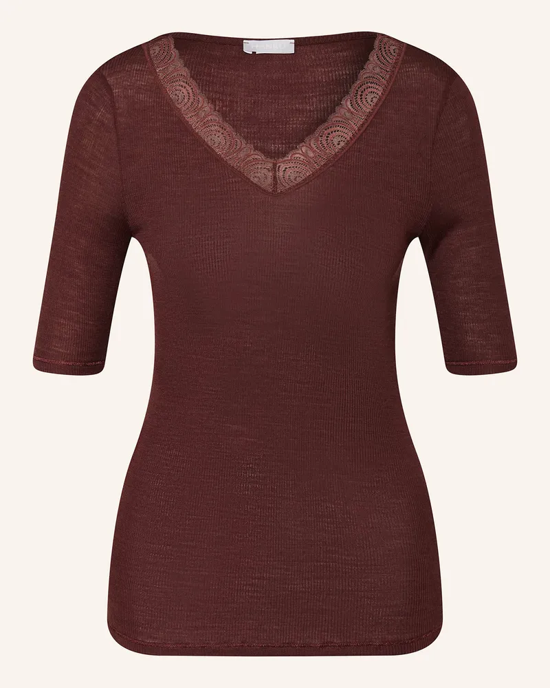 Hanro T-Shirt WOOLEN LACE aus Merinowolle mit Seide Dunkelbraun