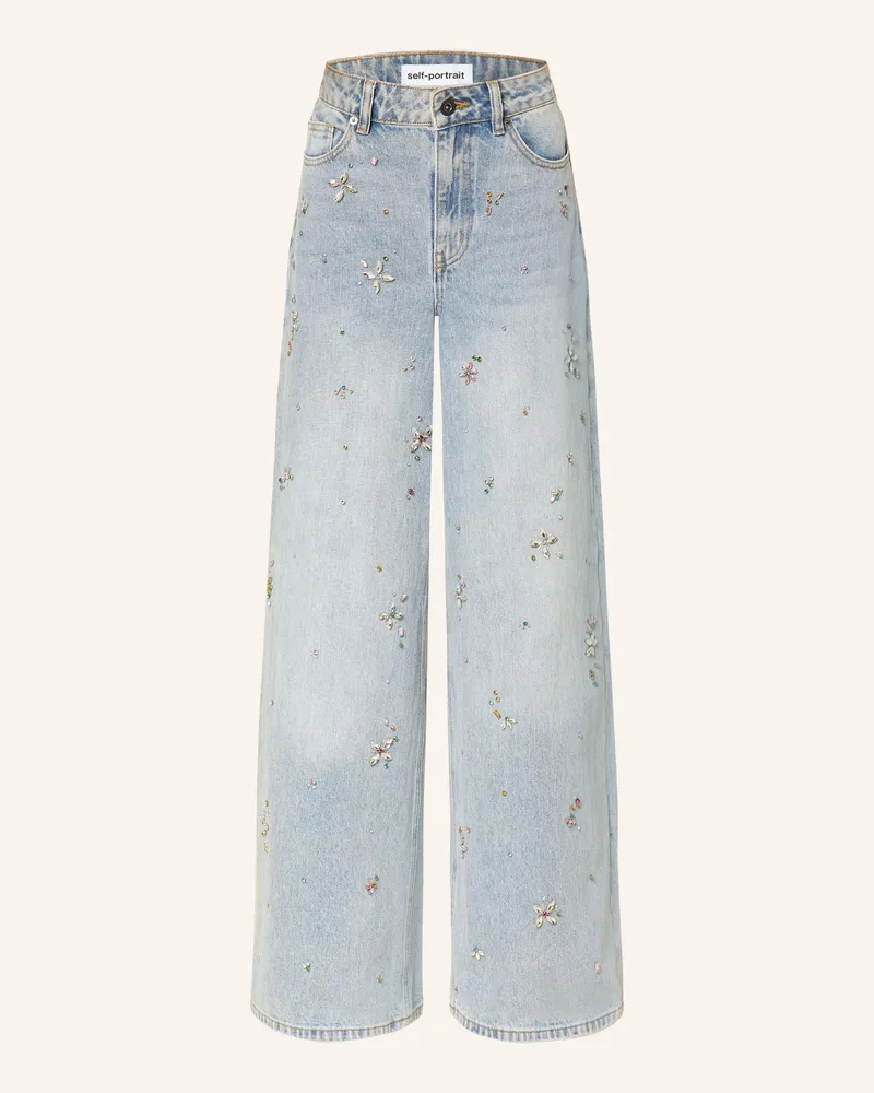 Self-Portrait Wide Leg Jeans mit Schmucksteinen Blue