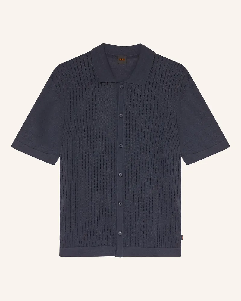 HUGO BOSS Strickhemd KAMICINO Regular Fit mit Leinen Dunkelblau