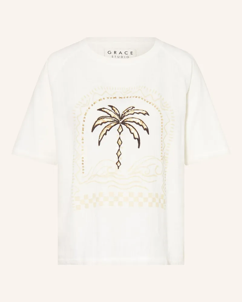 Grace T-Shirt mit Leinen und Pailletten Weiss