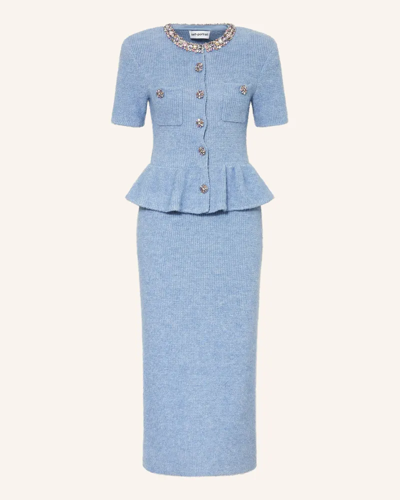 Self-Portrait Strickkleid mit Schmucksteinen und Glitzergarn Hellblau