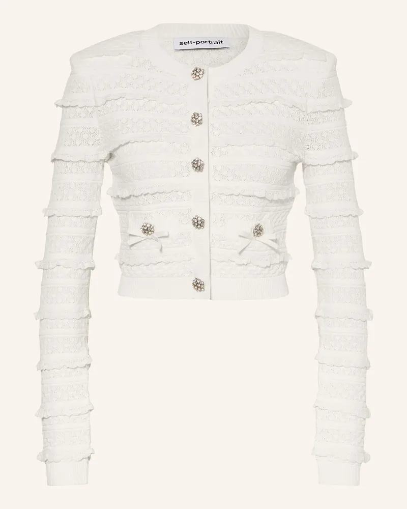 Self-Portrait Cropped-Strickjacke mit Schmucksteinen und Rüschen Weiss