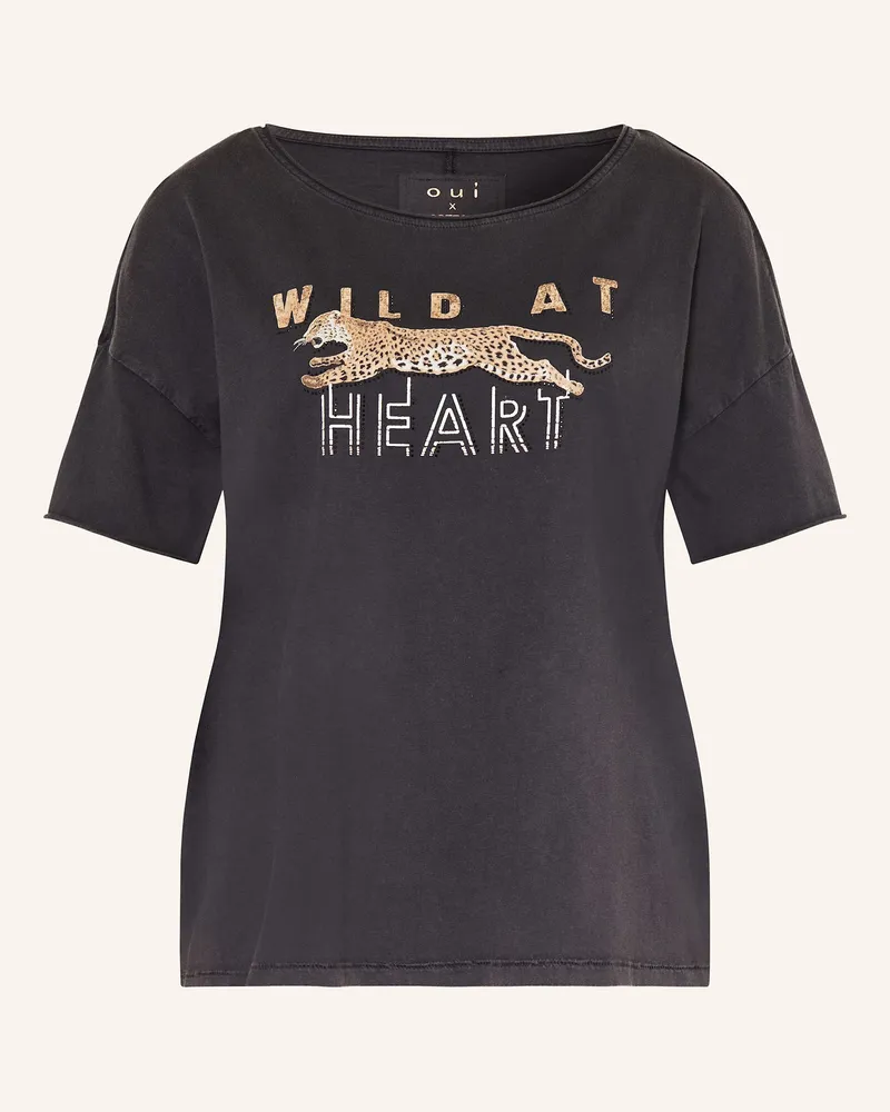 Oui  T-Shirt mit Schmucksteinen Dunkelgrau