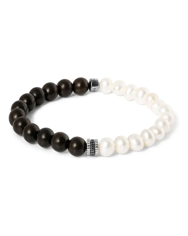 Tateossian Gear Trio Semi-Precious Armband In Ruthenium Plated Silber With Wood Beads & White Pearls weiss Weiss