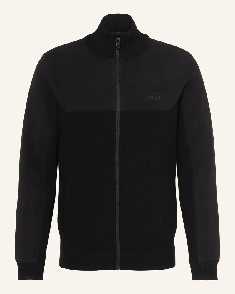 HUGO BOSS Strickjacke Im Materialmix schwarz Schwarz