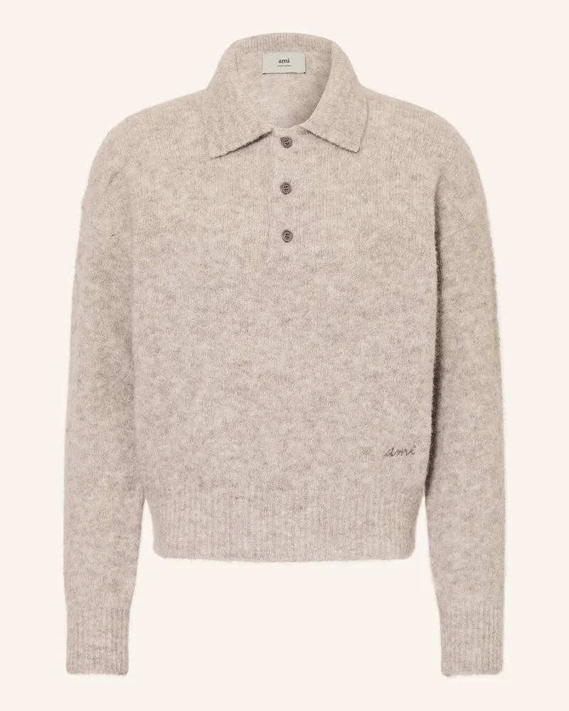 AMI Paris Strick-Poloshirt mit Alpaka Hellgrau