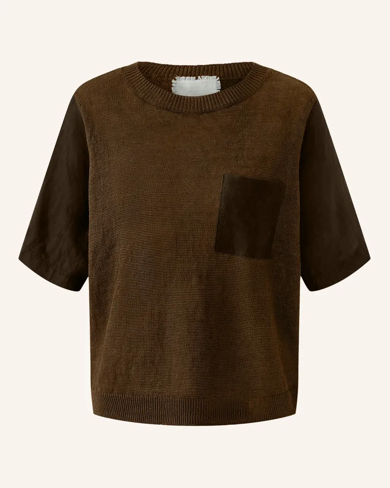Oui  Strickshirt aus Leinen im Materialmix Dunkelbraun