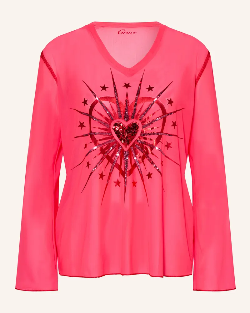 Grace Longsleeve aus Mesh mit Pailletten Neonpink
