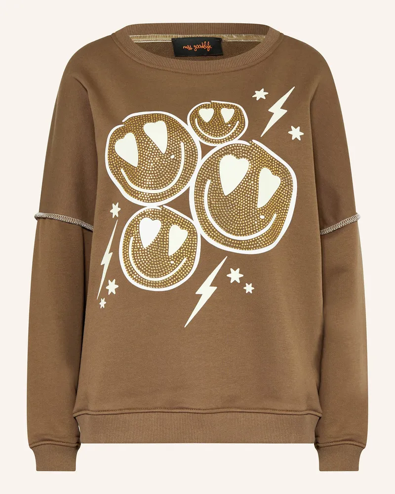 Miss Goodlife Sweatshirt mit Schmucksteinen Braun