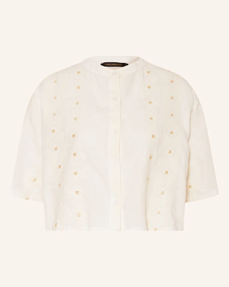 Greek Archaic Kori Cropped-Bluse PIXEL aus Leinen mit Glitzergarn Weiss