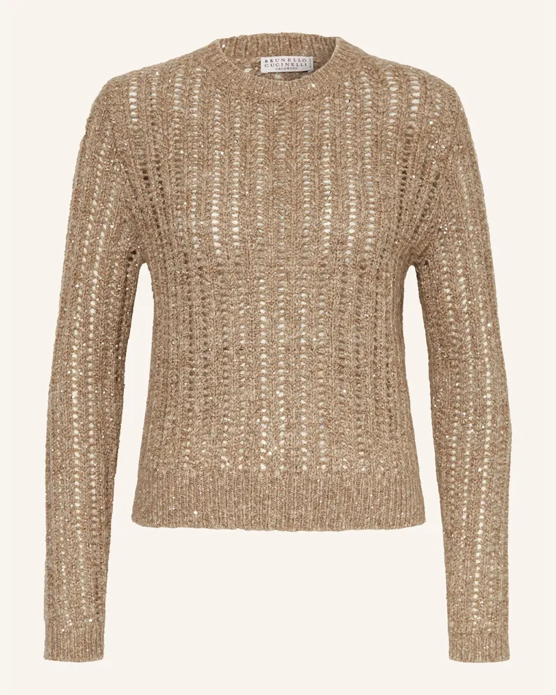 Brunello Cucinelli Pullover mit Glitzergarn und Pailletten Beige
