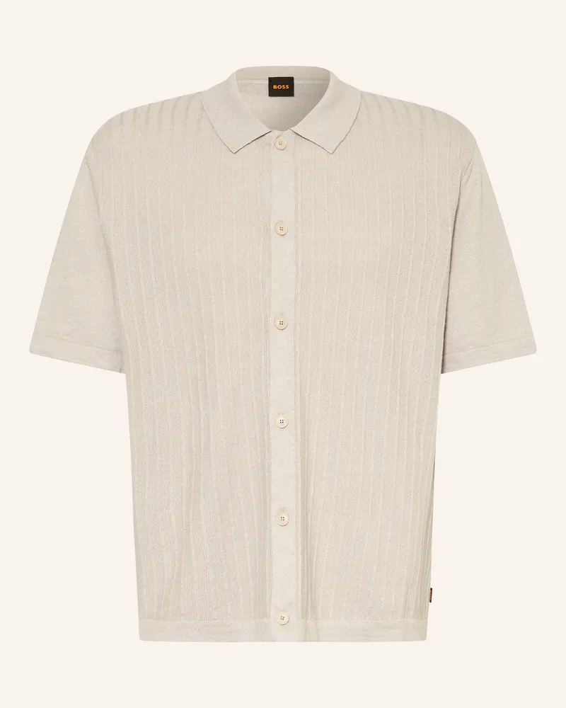 HUGO BOSS Strickhemd Amicino Comfort Fit Mit Leinen grau Hellgrau