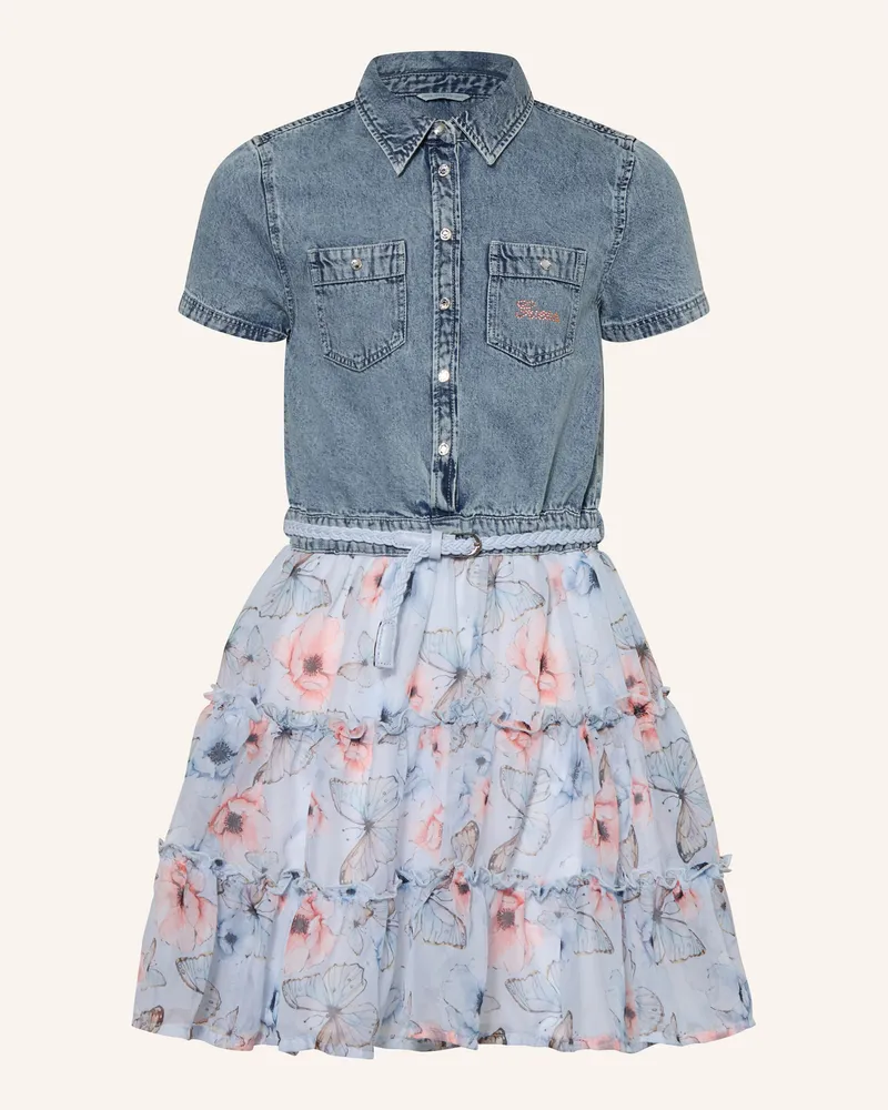 Guess Kleid im Materialmix mit Schmucksteinen Hellblau