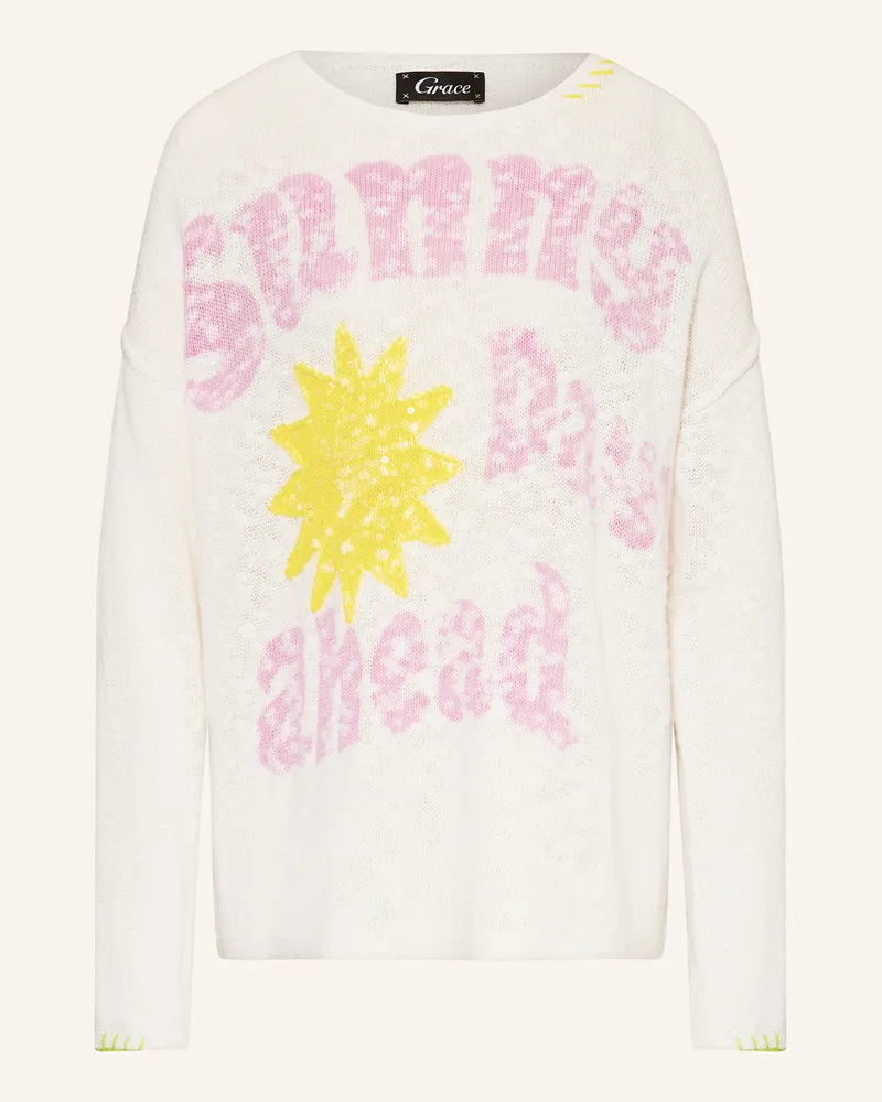 Grace Pullover mit Leinen und Pailletten Weiss
