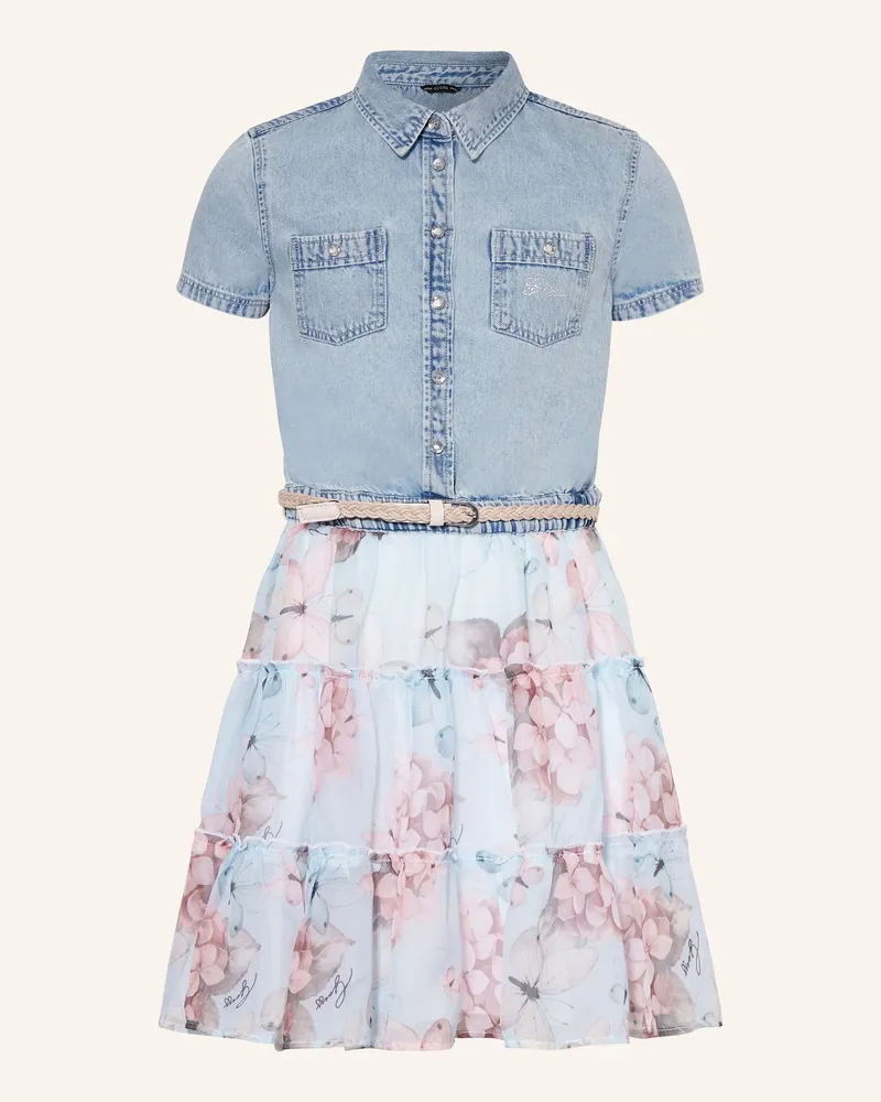 Guess Kleid im Materialmix mit Volants Hellblau