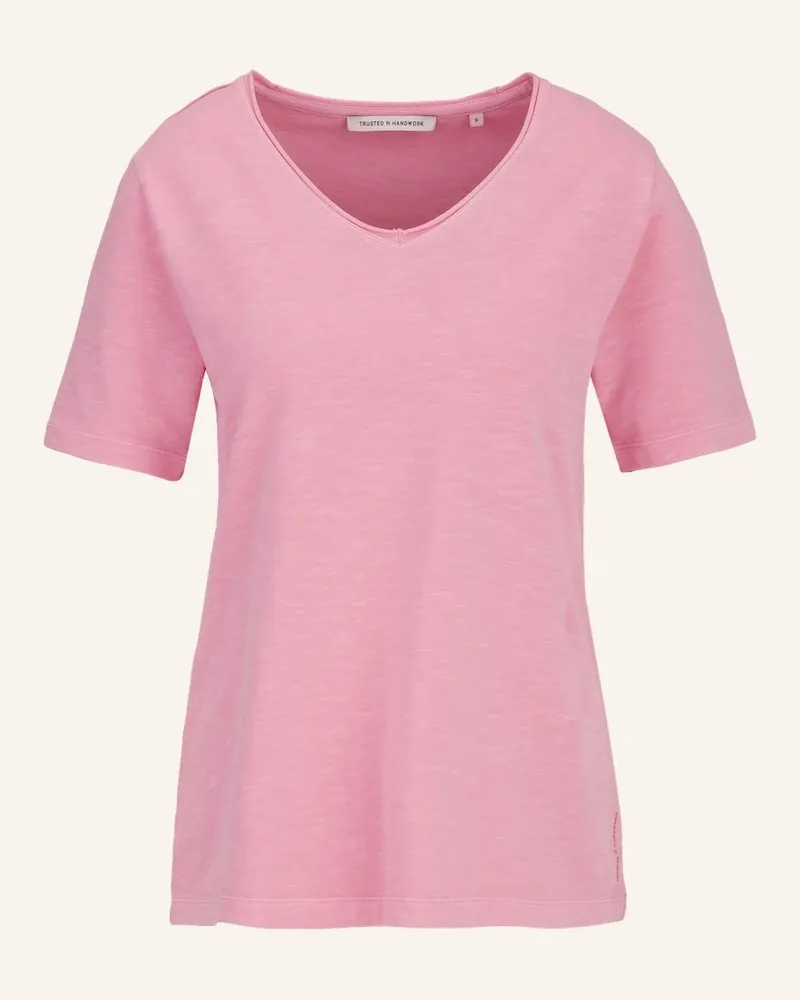 Trusted Handwork V-Neck 3/4-Sleeve T-Shirt with Open Edge Pink