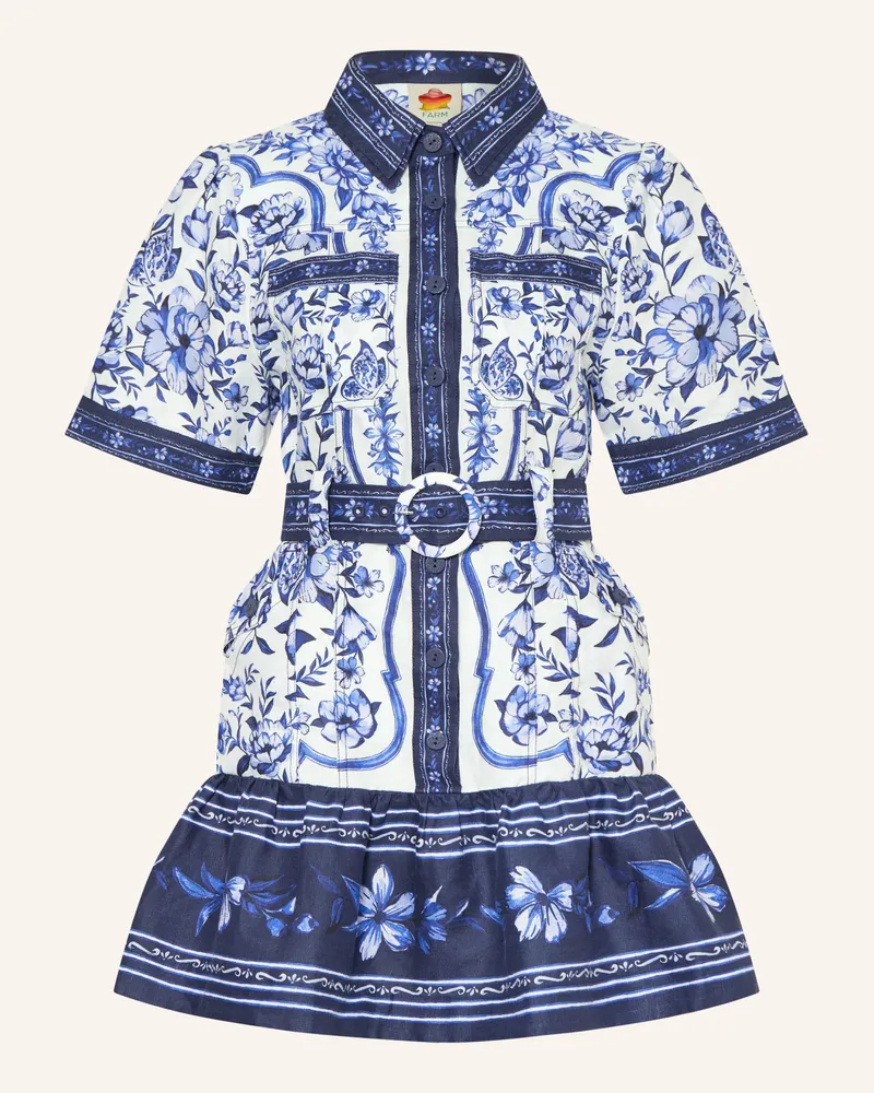 FARM Rio Hemdblusenkleid Porcelain Garden Aus Leinen gelb Dunkelblau