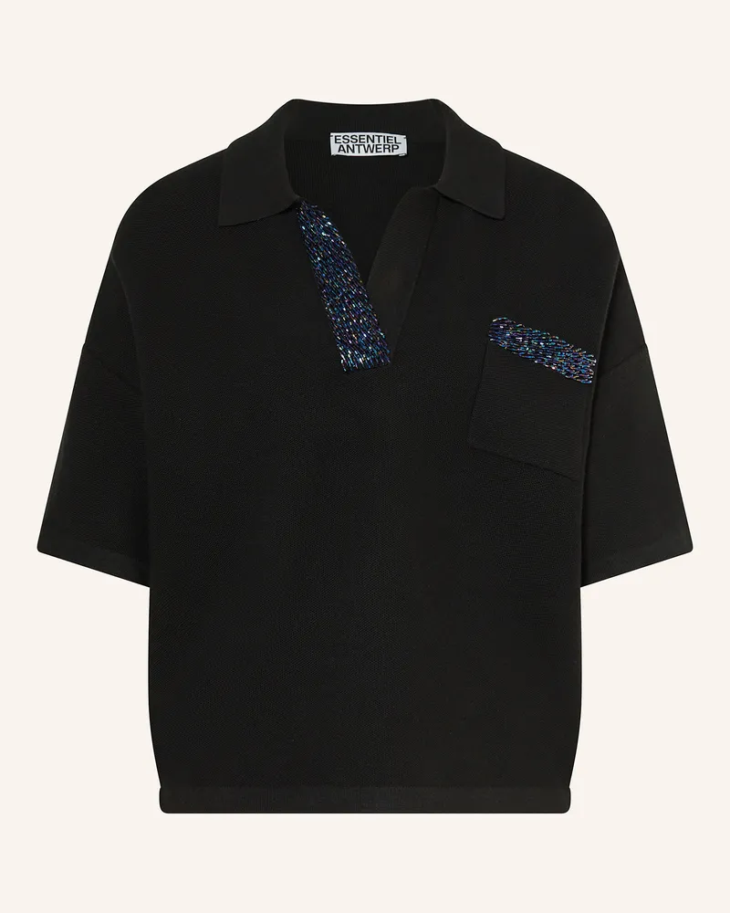 Essentiel Strick-Poloshirt INTERNATIONNAL mit Schmuckperlen Schwarz