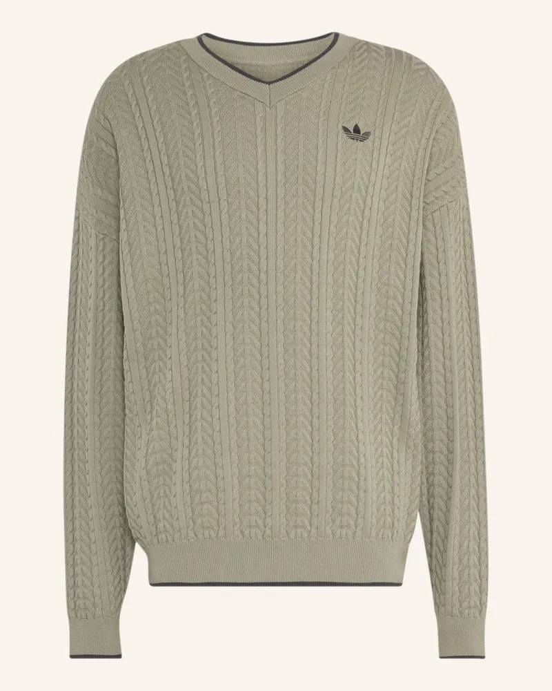 adidas Pullover, Gestrickt, V-Ausschnitt, Zopfmuster gruen Silber