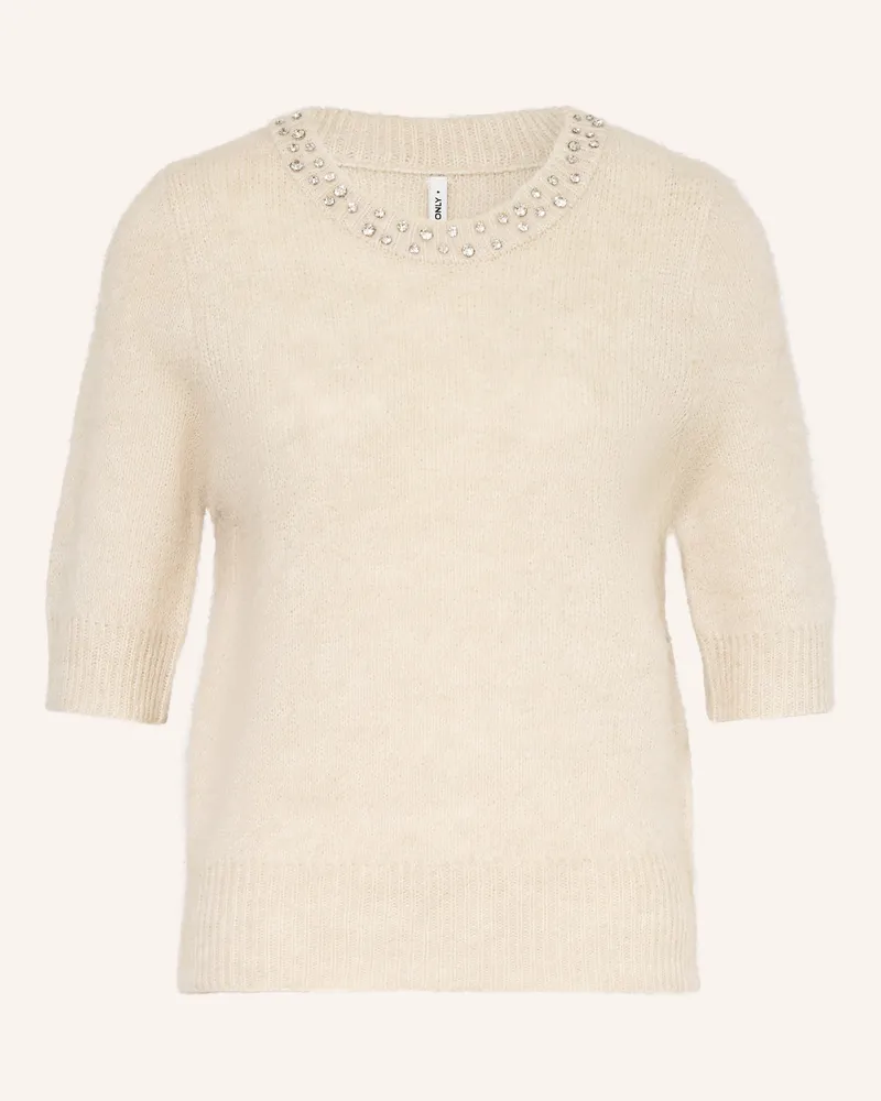 only Strickshirt mit Schmucksteinen Ecru